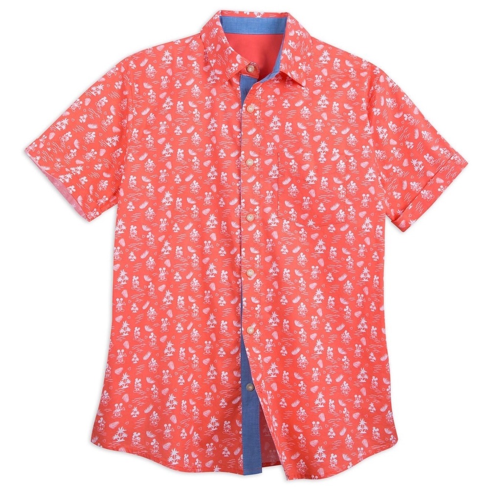 Disney Parks Mickey Mouse Tropical Shirt Coral Hawaiian Button Up Mens Small
